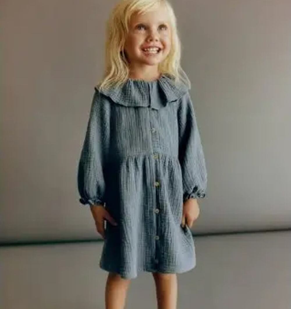 Zara Toddler Girls Blue Cotton Gauze Ruffle Neck Dress 18-24 months